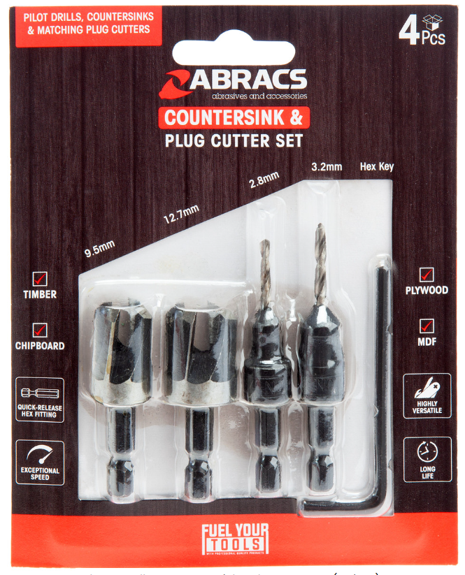 Abracs 4-delige Verzinkboren en Pluggenfrezen Set Abracs 4-delige Verzinkboren en Pluggenfrezen Set